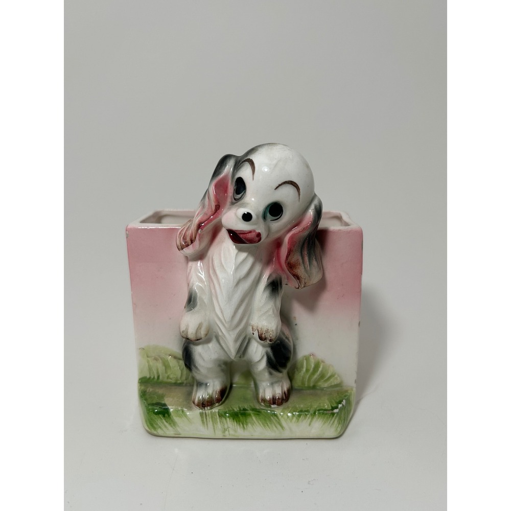 Vintage Ceramic Puppy Dog Planter Pink Ombre Kitsch Spaniel Figurine Japan‎